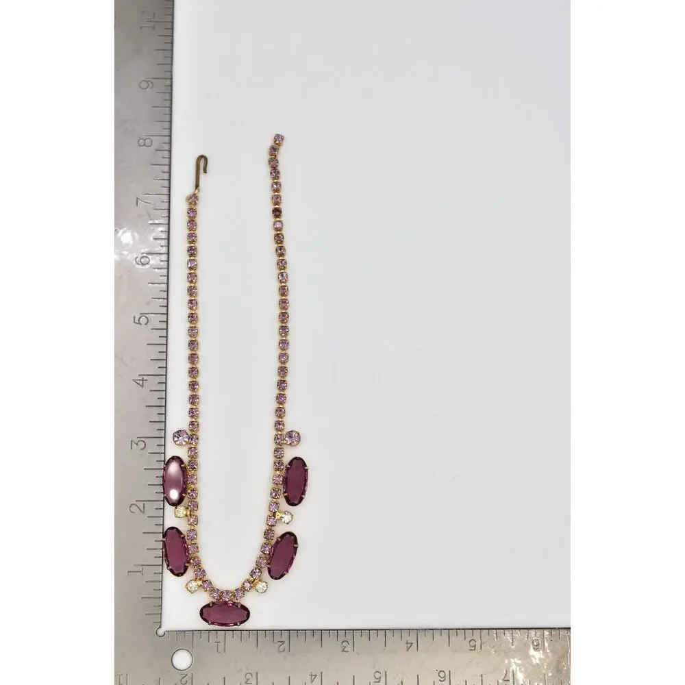 Vintage Purple Rhinestone Bezel Prong Crystal Choker Necklace Collar Gold 60s 9J